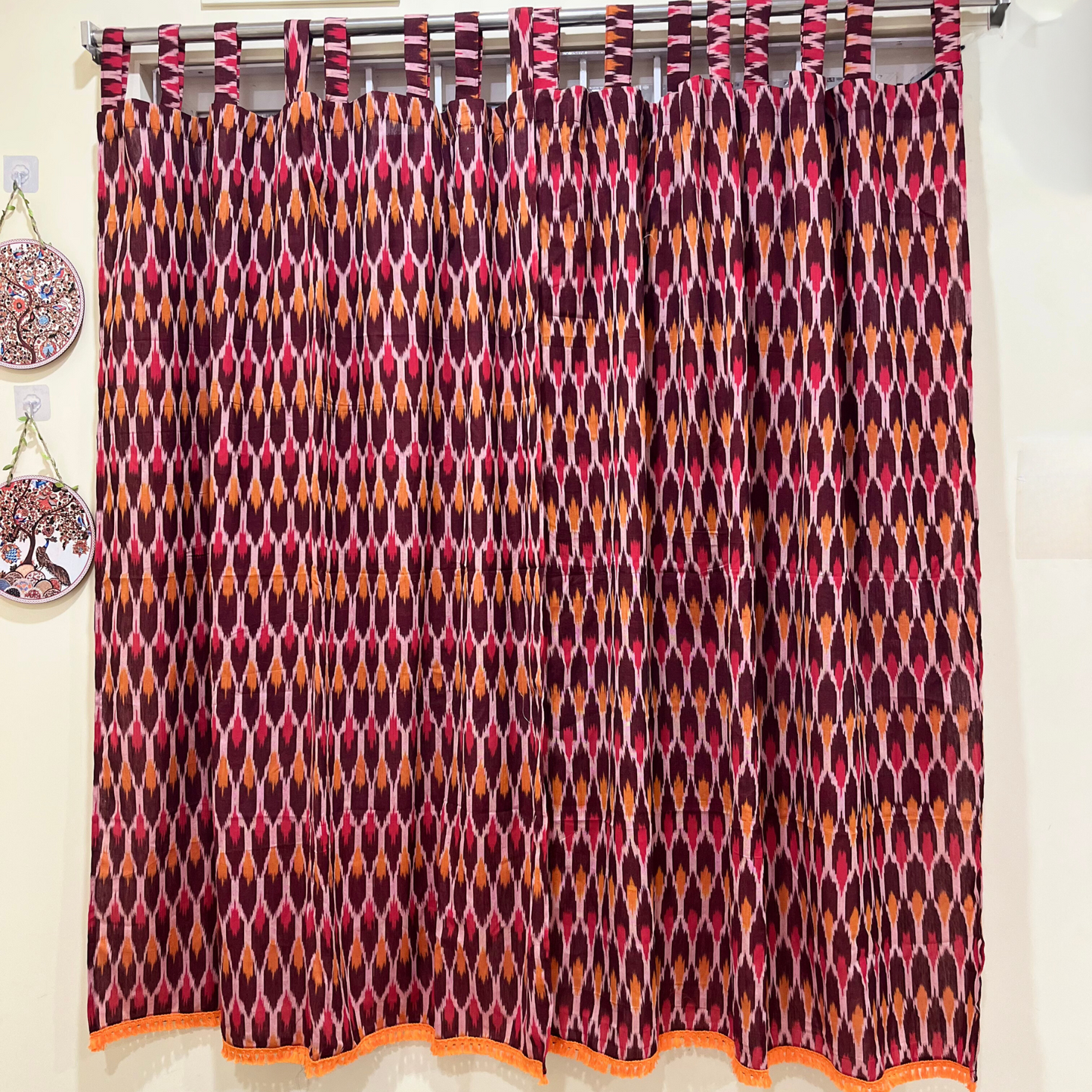 Ruby Ember – Tab Loop Ikkat Curtain 100% Handwoven cotton 42" Panel Width