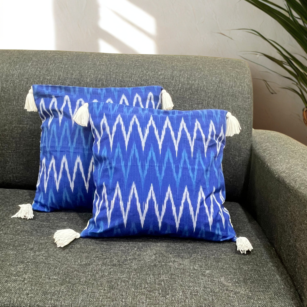 Zigwave Azure – Rhythm in Indigo and White Cushion Cover (16x16)”