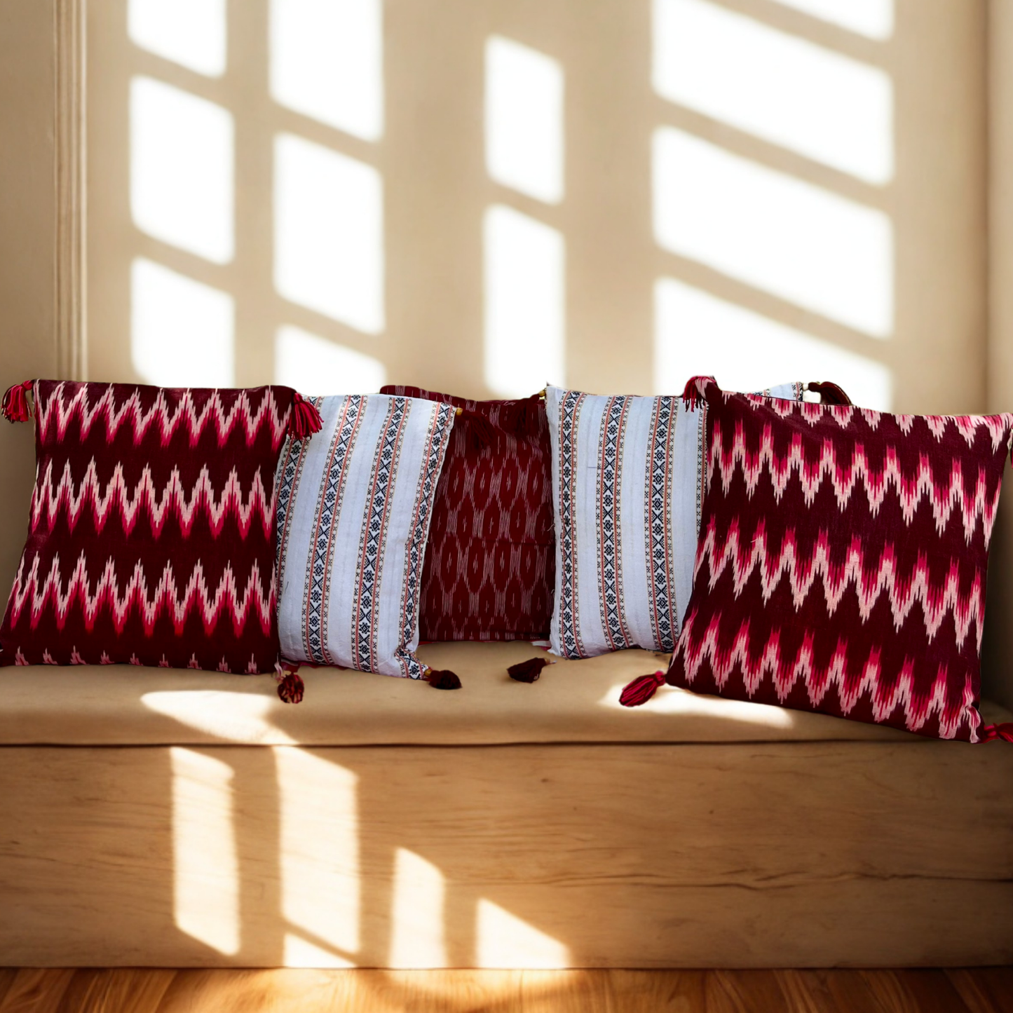 Garnet Grove – Handwoven Ikkat Cushion Set of 5 (16 x 16)"