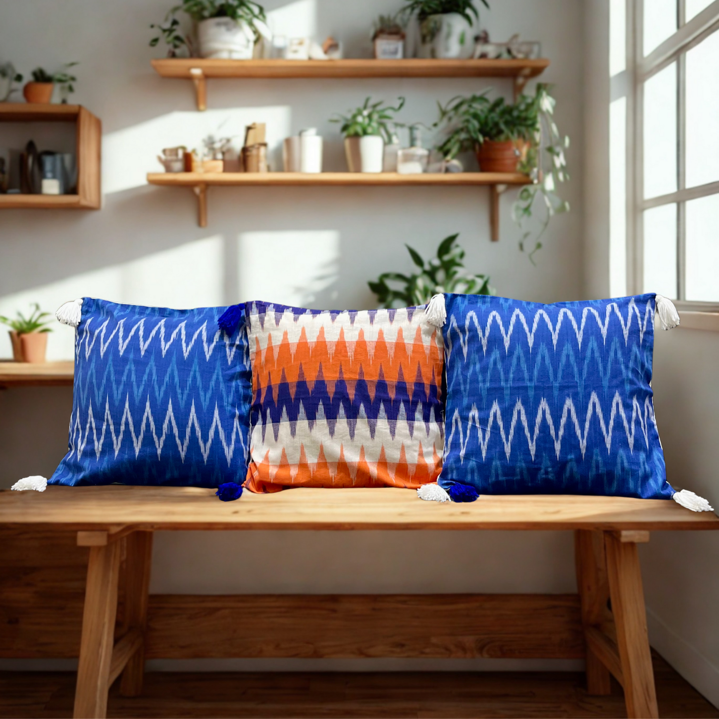 Saffron Wave – Handwoven Ikkat Cushion Set of 3 (16 x 16)"