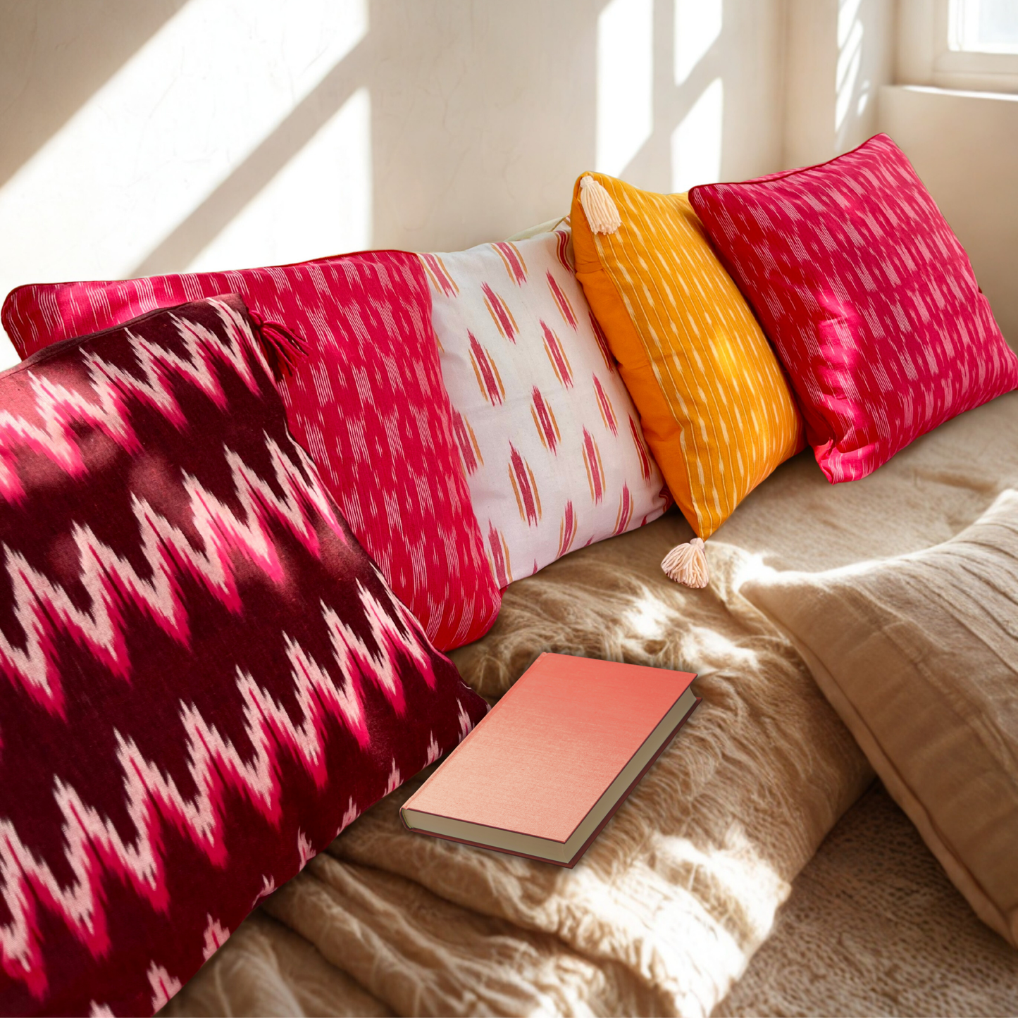 Festival Hues - Handwoven Ikkat Cushion Set of 5 (16 x 16)"