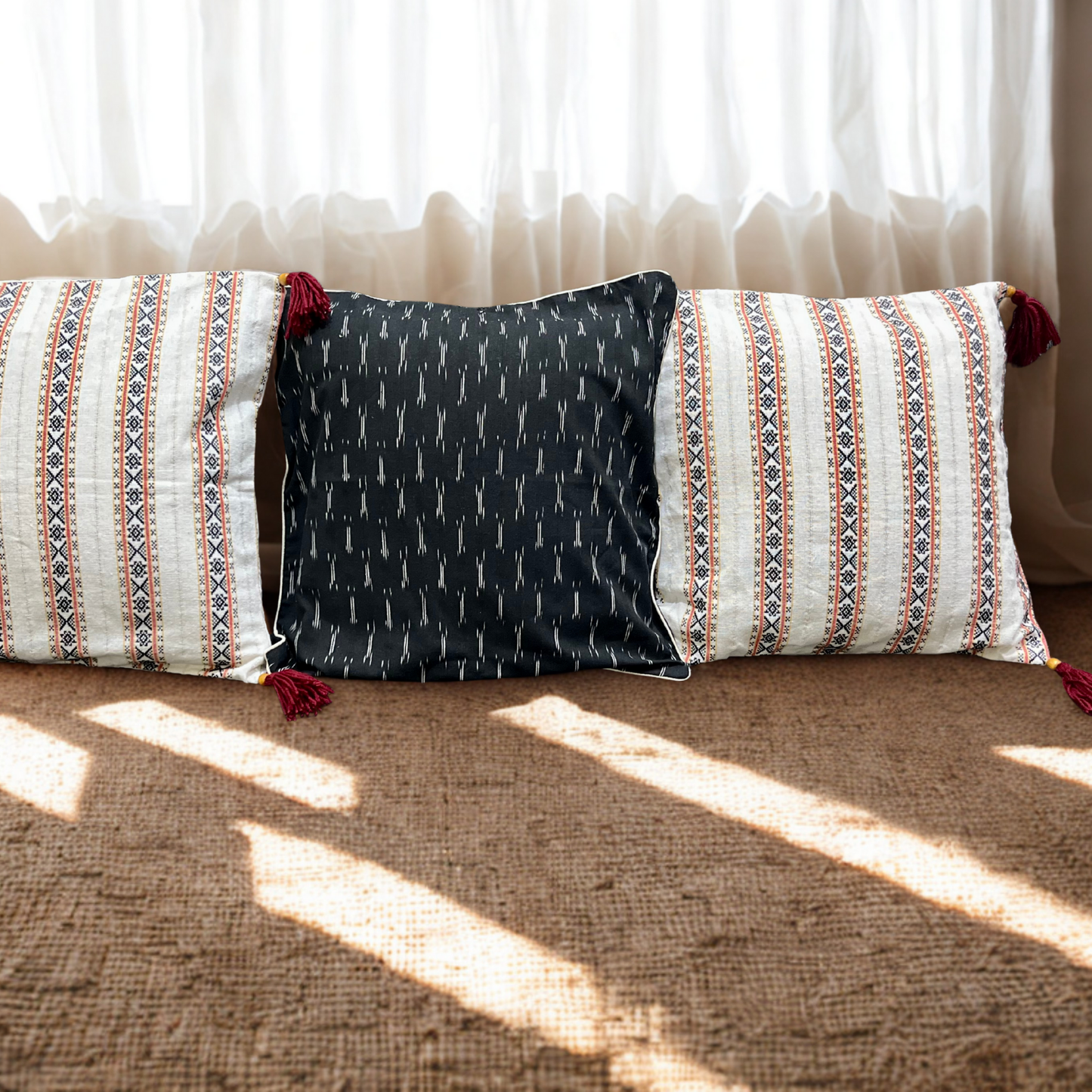 Midnight Mosaic – Handwoven Ikkat Cushion Set of 3 (16 x 16)"
