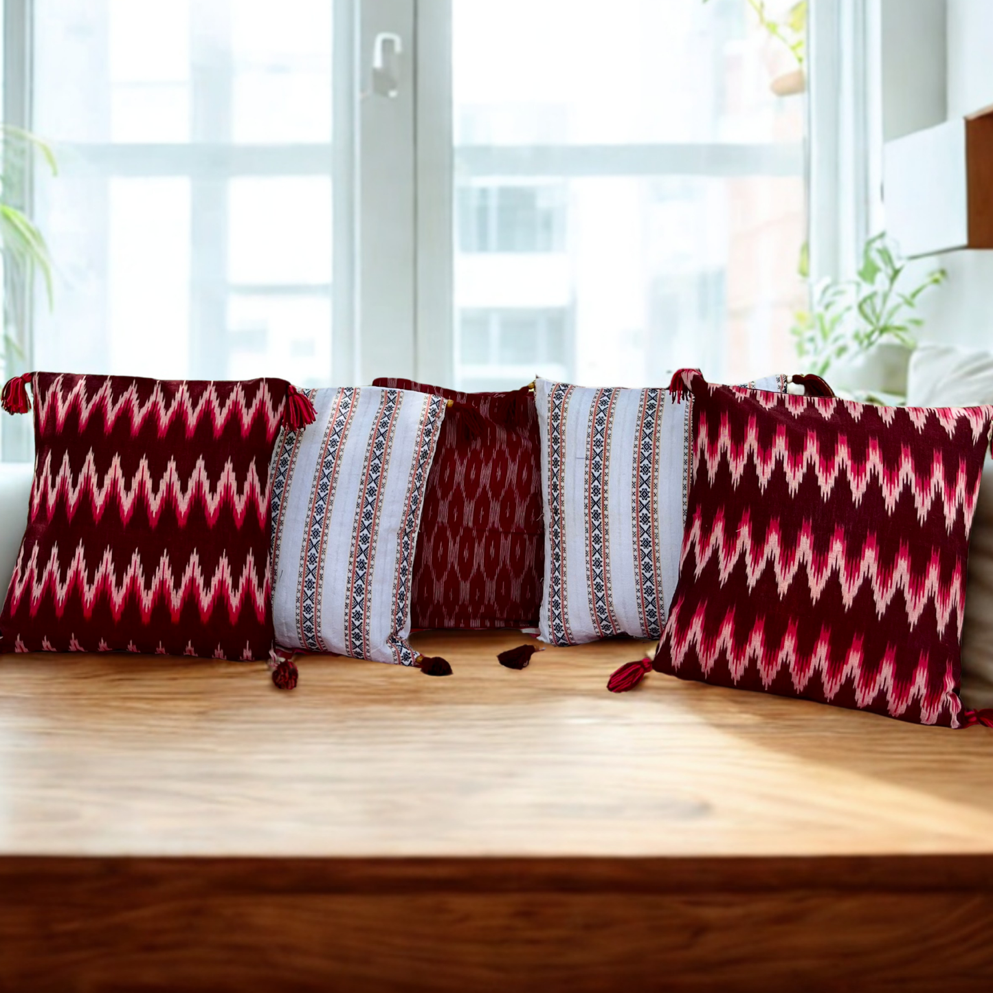 Garnet Grove – Handwoven Ikkat Cushion Set of 5 (16 x 16)"
