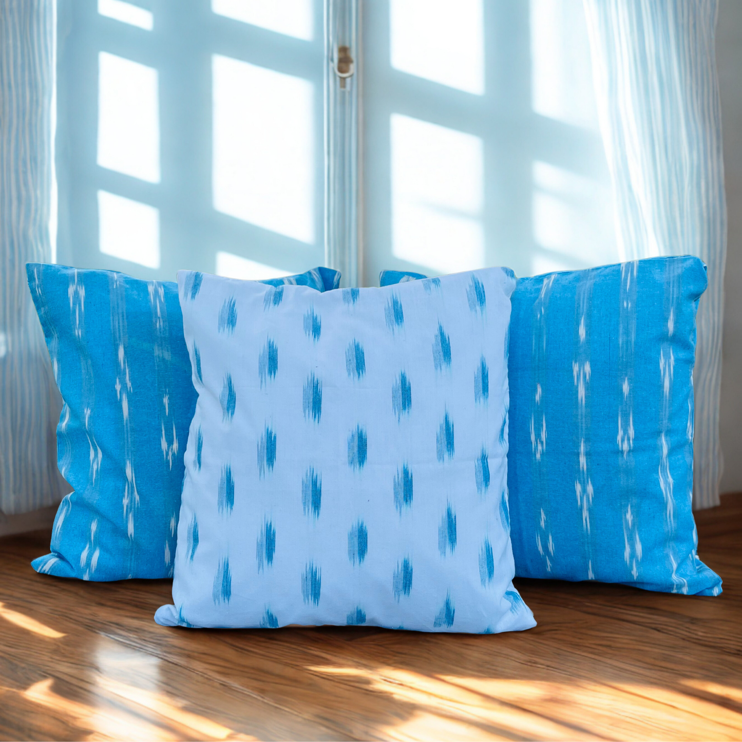 Aqua Drift – Handwoven Ikkat Cushion Set of 3 (16 x 16)"