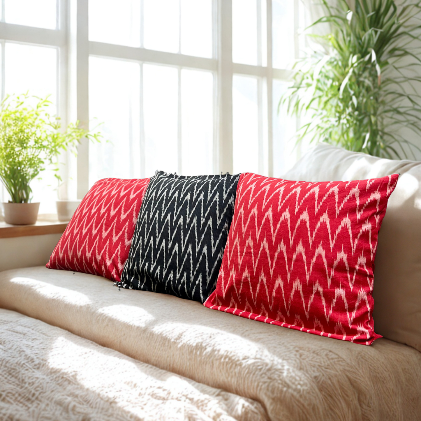 Lava Noir – Handwoven Ikkat Cushion Set of 3 (16 x 16)"