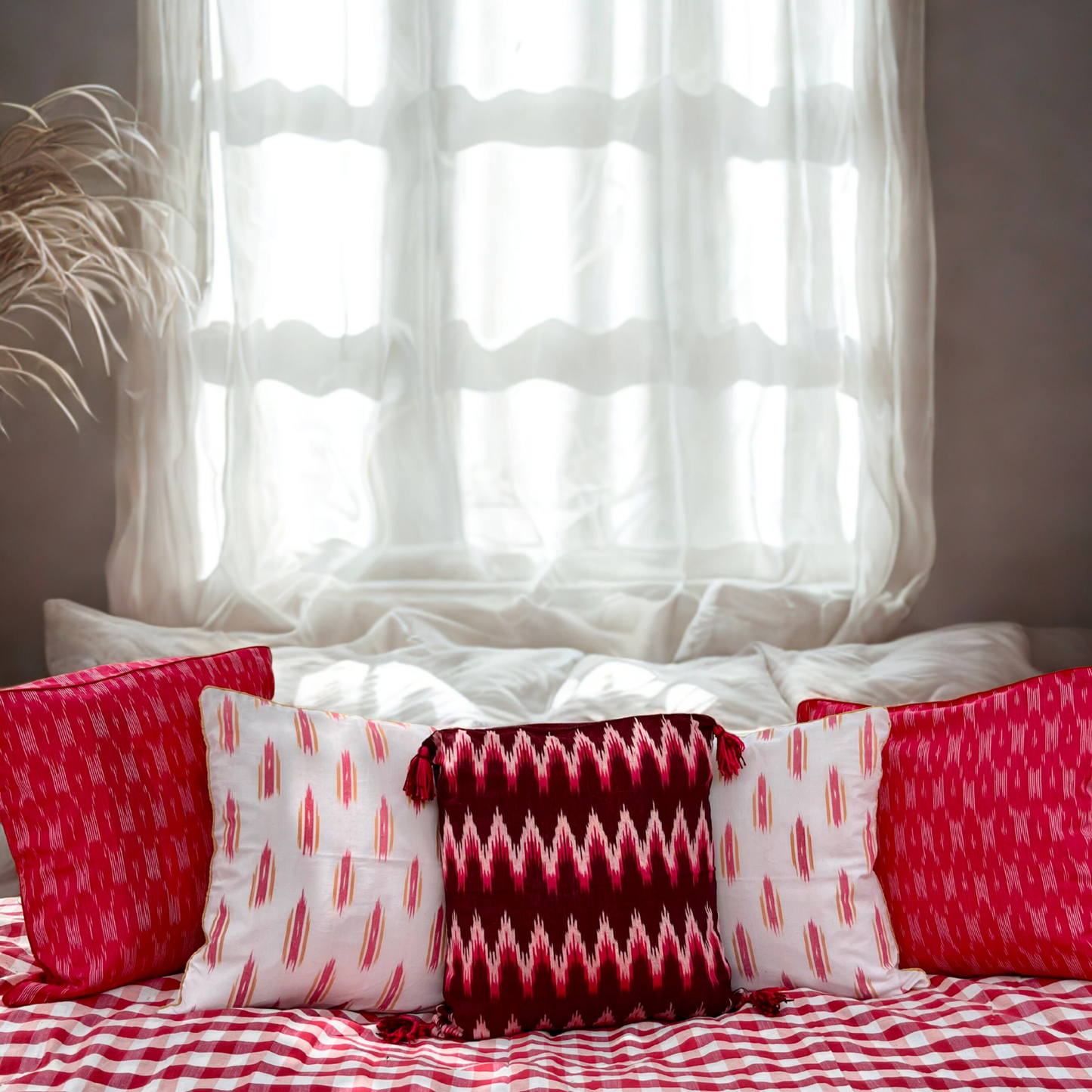 Crimson Cascade – Handwoven Ikkat Cushion Set of 5 (16 x 16)"