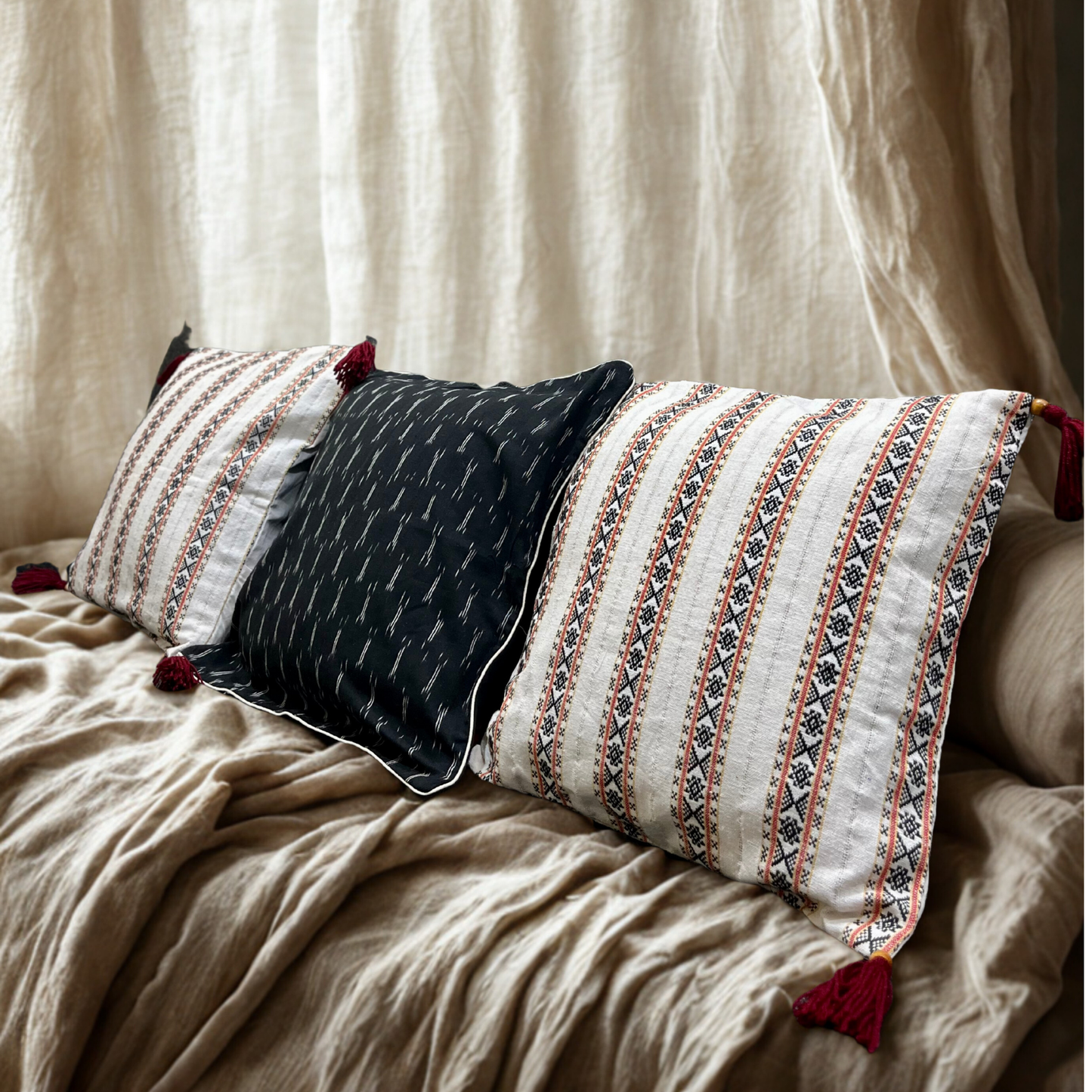 Midnight Mosaic – Handwoven Ikkat Cushion Set of 3 (16 x 16)"
