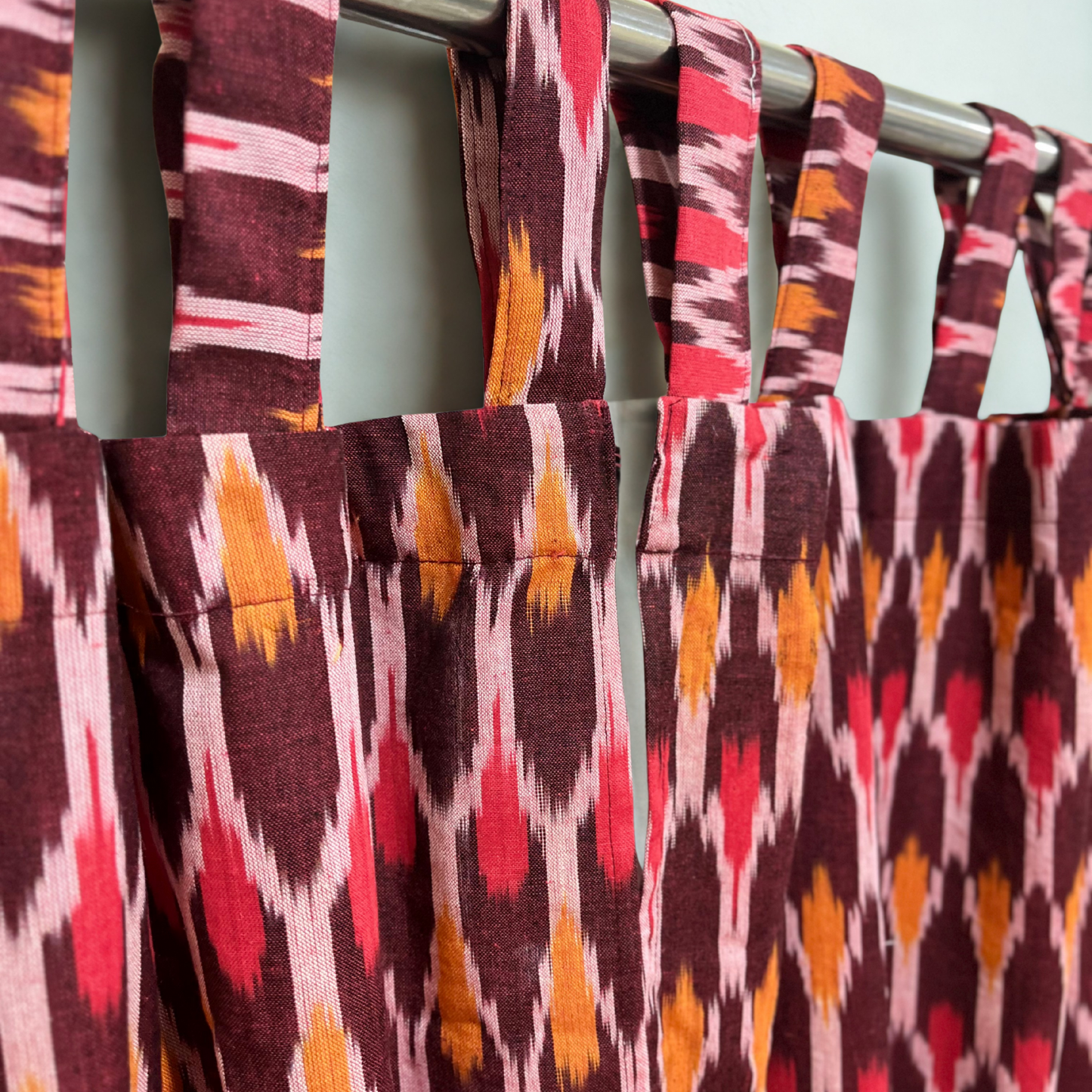 Ruby Ember – Tab Loop Ikkat Curtain 100% Handwoven cotton 42" Panel Width