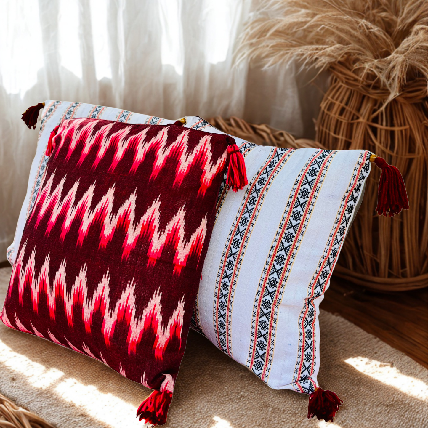 Crimson Zephyr – Handwoven Ikkat Cushion Set of 3 (16 x 16)"
