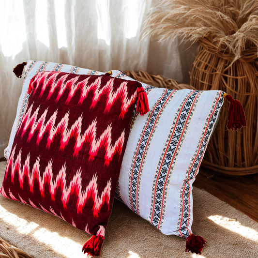 Crimson Zephyr – Handwoven Ikkat Cushion Set of 3 (16 x 16)"