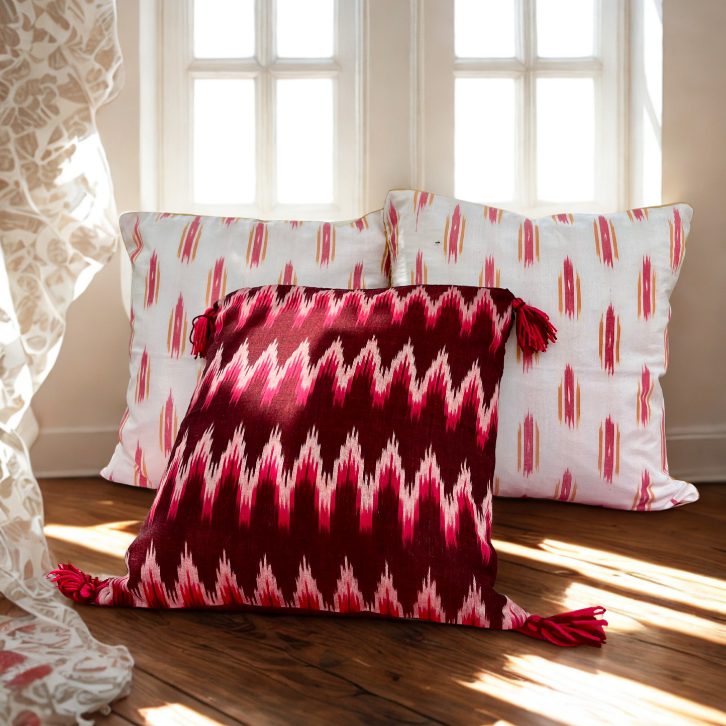 Crimson Tides - Handwoven Ikkat Cushion Set of 3 (16 x 16)"