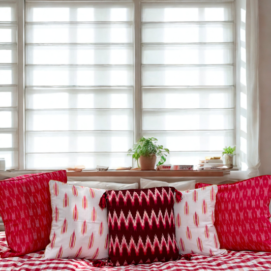 Crimson Cascade – Handwoven Ikkat Cushion Set of 5 (16 x 16)"