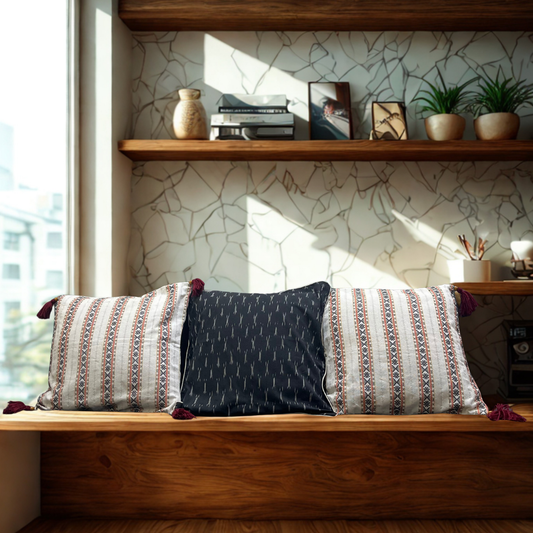 Midnight Mosaic – Handwoven Ikkat Cushion Set of 3 (16 x 16)"