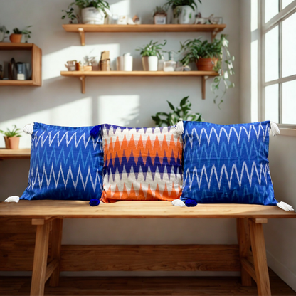 Saffron Wave – Handwoven Ikkat Cushion Set of 3 (16 x 16)"