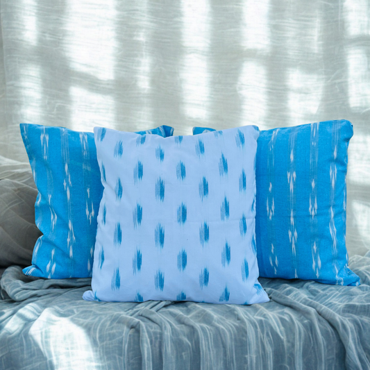 Aqua Drift – Handwoven Ikkat Cushion Set of 3 (16 x 16)"