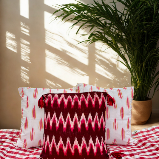 Crimson Tides - Handwoven Ikkat Cushion Set of 3 (16 x 16)"