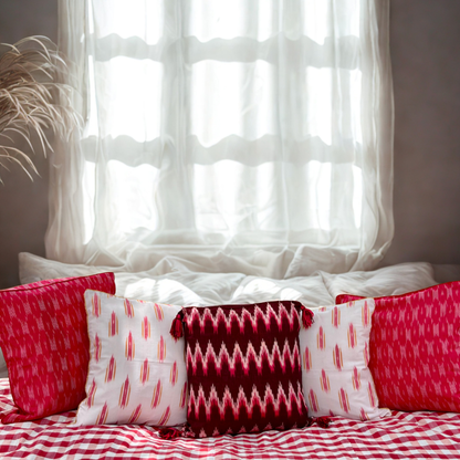 Crimson Cascade – Handwoven Ikkat Cushion Set of 5 (16 x 16)"