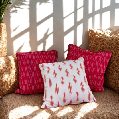 Blush Flame Ember – Handwoven Ikkat Cushion Set of 3 (16 x 16)"