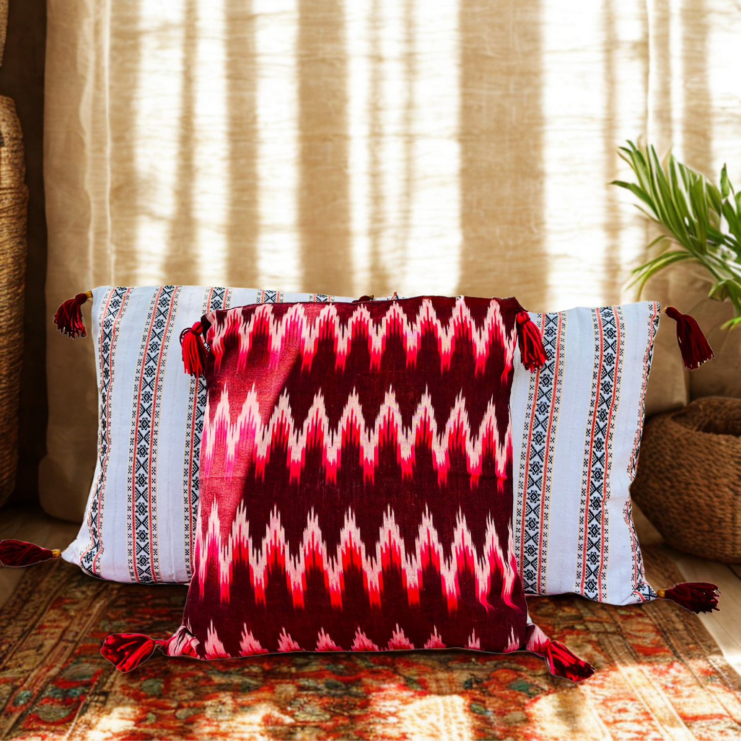 Crimson Zephyr – Handwoven Ikkat Cushion Set of 3 (16 x 16)"