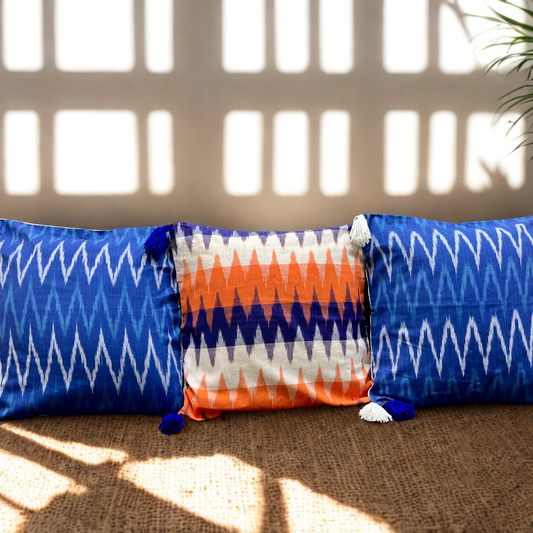 Saffron Wave – Handwoven Ikkat Cushion Set of 3 (16 x 16)"